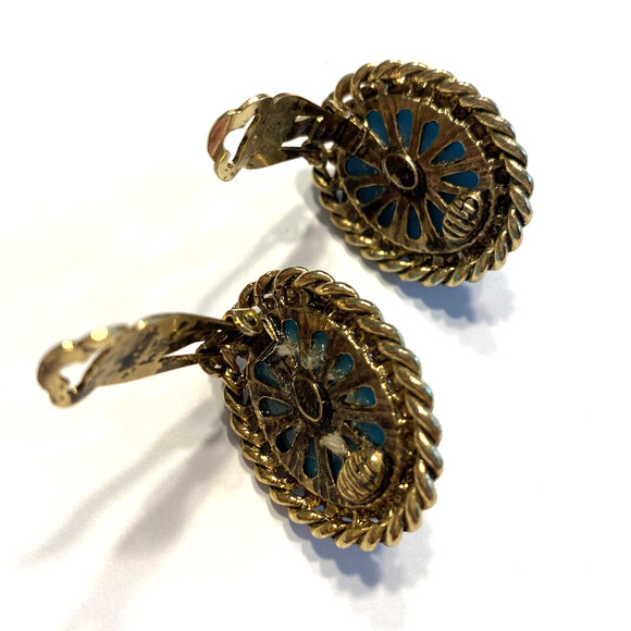 Chunky Y2K Goldtone Clip On Earrings Oval Rope Texture Blue Domed Center Bead - Picture 5 of 6